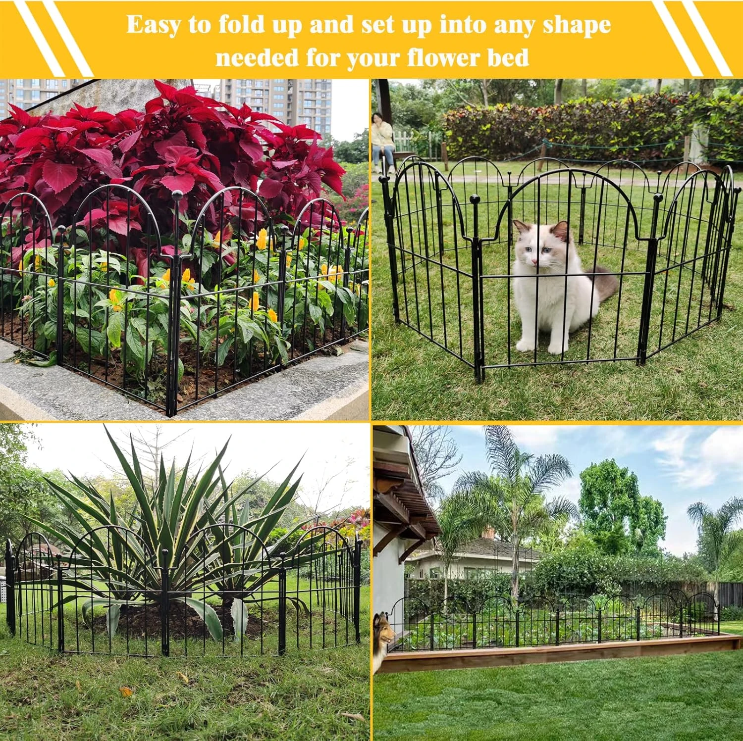 This fencing for yard can be used as a small garden fence or animal barrier fence by inserting metal stakes into the ground to prevent small animals from escaping or entering and destroying your garden, or it can be used as an indoor pet fence directly by simply connecting the metal stakes without inserting them into the ground.